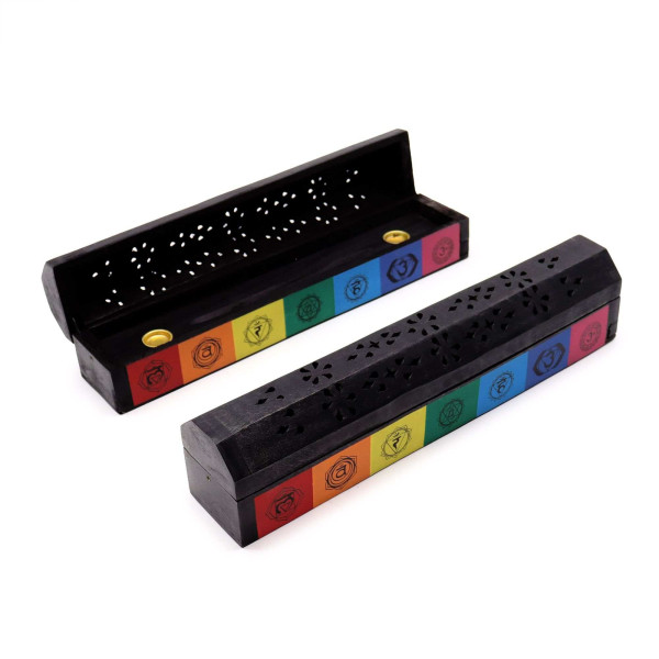 Boîte Porte-Encens 7 Chakras Bois Manguier | Brûleur Spirituel 30cm