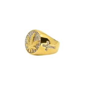 Bague Chevalière Dorée Feuille de Cannabis Strass