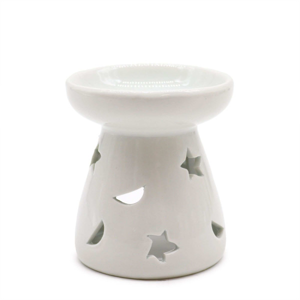 Brûleur Huile Céramique Blanc Lune Étoiles | Diffuseur Aromathérapie 5x7cm