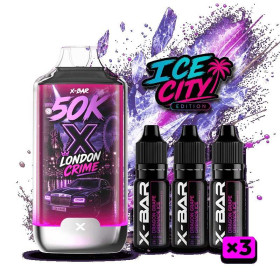 Kit X-BAR 50K Ice City London Crime + 3 e-liquides 10 ml (10 mg/ml)