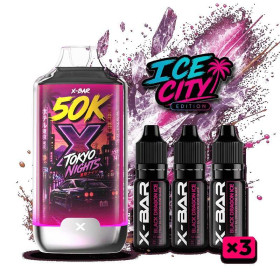Kit X-BAR 50K Ice City Tokyo Nights + 3 e-liquides 10 ml (10 mg/ml)