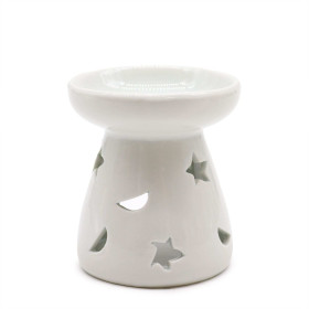Brûleur Huile Céramique Blanc Lune Étoiles | Diffuseur Aromathérapie 5x7cm