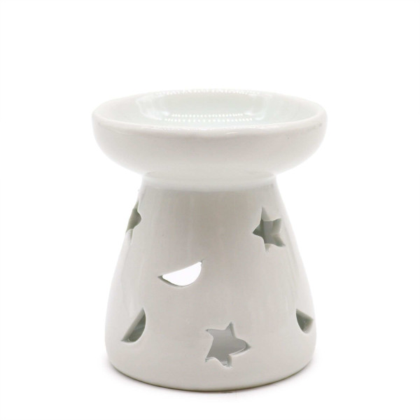 Brûleur Huile Céramique Blanc Lune Étoiles | Diffuseur Aromathérapie 5x7cm
